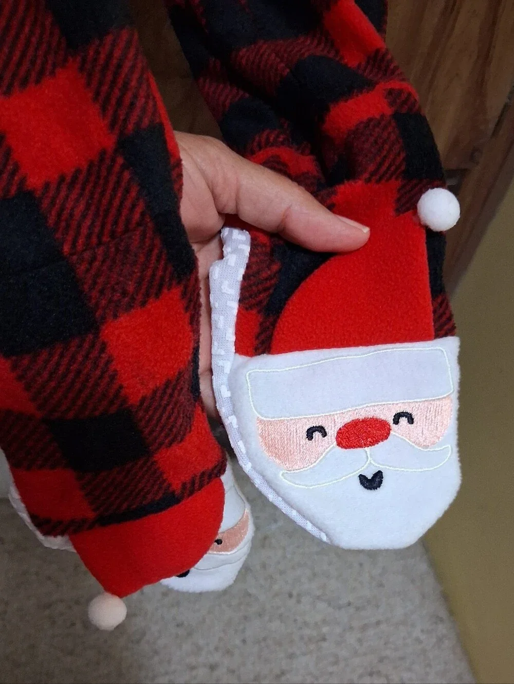 Kids Red and Black Buffalo Plaid Santa One-Piece Pajamas